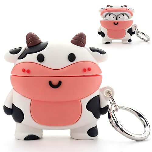 Bonita funda para AirPods 4, AirPods 4, funda de silicona con dibujos animados de 4 generaciones, funda Kawaii 3D de vaca AirPods 4, funda protectora divertida con mosquetón (AirPods 4)