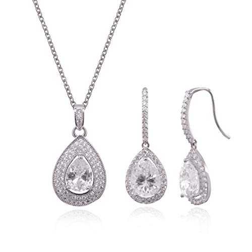 Mycitta CZ Necklace Earrings Set for Wedding Formal Simple Jewelry Set for Women18k White Plated Teardrop Cubic Zirconia Crystal Pendant Necklace Set for Bride Bridesmaids Mother of Bride Prom Party