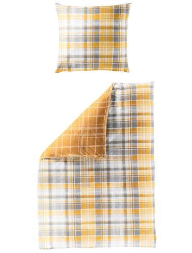 Bierbaum Biber Wende - Bettwäsche 2 TLG. 135x200cm Karos Gelb Ocker Sand...