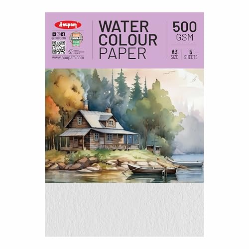 Image of Anupam Professional Watercolour Paper | A3 (42X30CM) 500 GSM Cold Pressed Paper | Acid-Free 5 Sheets| Ideal for Artist, Professional Drawing, Painting Dry & Wet, Fine Art, School, Students