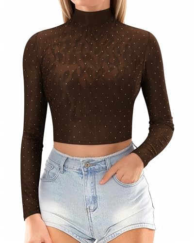 MANGOPOP Women's Short Sleeve Long Sleeve Sheer Mesh Crop Tops Tee