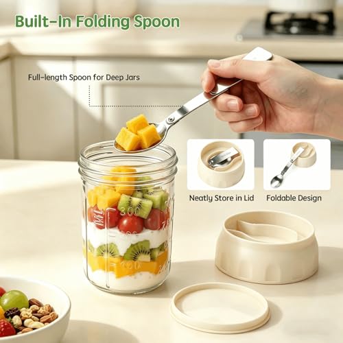 Image of Overnight Oats Containers with Lids and Spoon 2 Pack, 16oz Leakproof Glass Oat Over night Jar with Seperate Compartment for Fruit & Nuts, Mason Jars for Oatmeal Yogurt Chia Seed Pudding Meal Prep