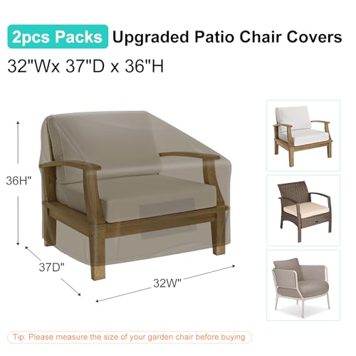 Image of 2 Pack Outdoor Patio Chair Covers Waterproof 32 inchWx37 inchDx36 inchH, Brown | Patio Furniture Covers Protect from Rain, Dust & UV; Heavy-Duty Oxford Fits Lounge, Deep Seat & High Back Chairs on Lawns