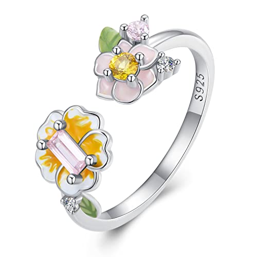 Anillo de plata 925, anillo de circonita cúbica con forma de corazón ajustable con diseño de girasol en plata esterlina para mujeres y adolescentes, plata esterlina