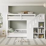 Miyemo Bunk Bed with 2 Single Beds for Kids, 3ft Multifunctional Children's Bed with Stairs and Storage Cabinets, Stable Railings, 90 X 190cm, White, (No Mattress)