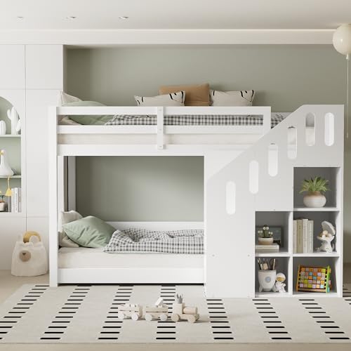 A ALFRESCOOL Cama alta 90 x 200 cm, cama alta para niños, litera, cama doble, cuna multifuncional con escaleras y taquillas, barandilla estable, sin colchón (blanco)