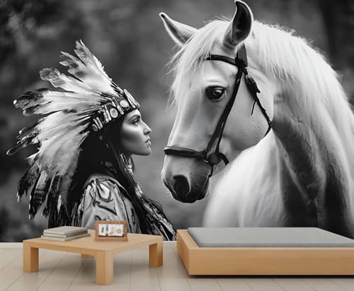 XBITUE Indian War Pony Wall Mural, Horse Painting Mural, American Native Wallpaper, Folk Horse Wall Mural for Living Room Office (Not Peel and Stick) - 169.3'x 118.2'