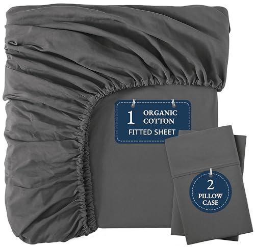 Lane Linen King Size Fitted Sheet – 100% Organic Cotton with 2 Pillowcases, Deep 35cm Pocket, All-Around Elastic, Breathable Bottom Sheet - Charcoal