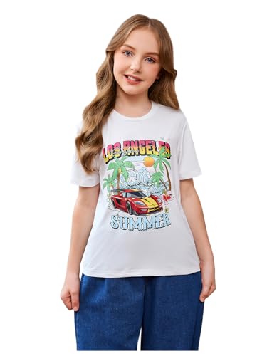 Image of RoseSeek Girl's Graphic Drop Shoulder Star Print Tee Tops Short Sleeve Crew Neck Summer Shirts