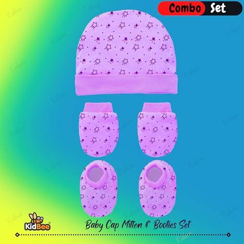Image of Kidbee Baby Cotton Booties Mittens and Caps Combo for New Born Babies (0-6 Months)