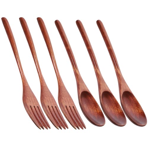 PRETYZOOM Wooden Fork Spoon Set 6pcs Reusable Utensils for Salad Dessert Appetizer Family Party Hotel