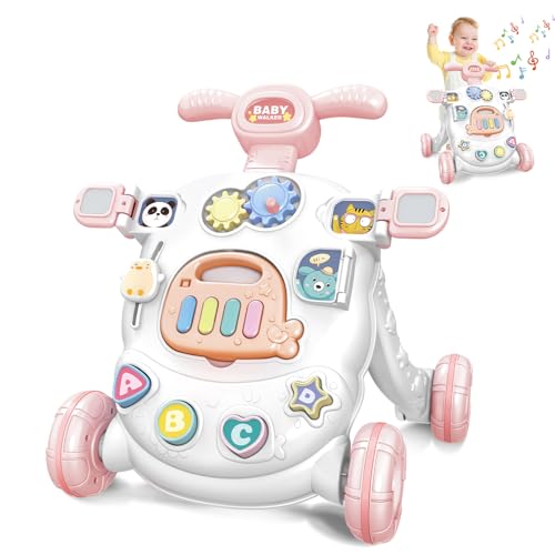 KalaDuck Andador Bebés 6-12 Meses, Carrito Andador Bebé con Centro de Actividades Multifuncionales, Caminador Ajustable en Altura para Empujar y Tirar, Juguetes Musicales Educativo para Bebé (Rosa)