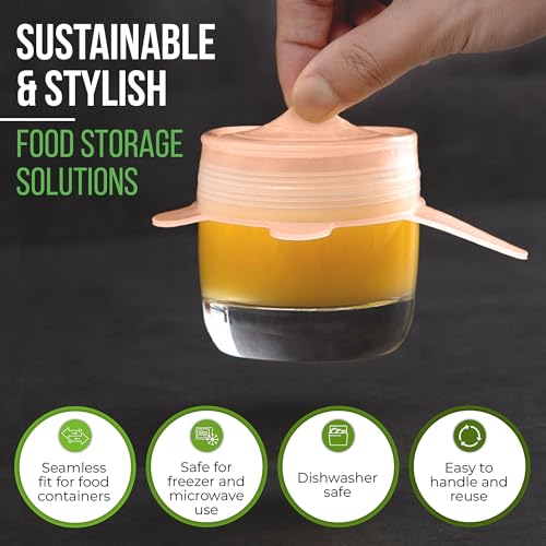 Image of Reusable Silicone Stretch Lids for Food Storage in Fridge - Elastic Heat-Resistant Bowl Covers, Cups, Cans, Jars - Universal Food Grade Lid for Containers - 7 Pack - Apricot Stretchy Lid Set