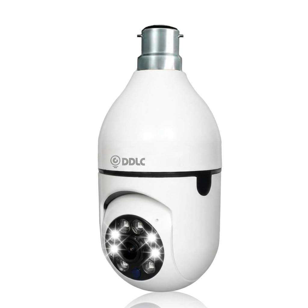 DDLC Wi-Fi Bulb CCTV Camera 1080p Wireless PTZ Bulb Shape Indoor 360° Smart Home Security Light Vision 24×7 Continuous Recording with Motion Sensor LED Lights PTZ Bulb Shape V380 Pro (Light Bulb)