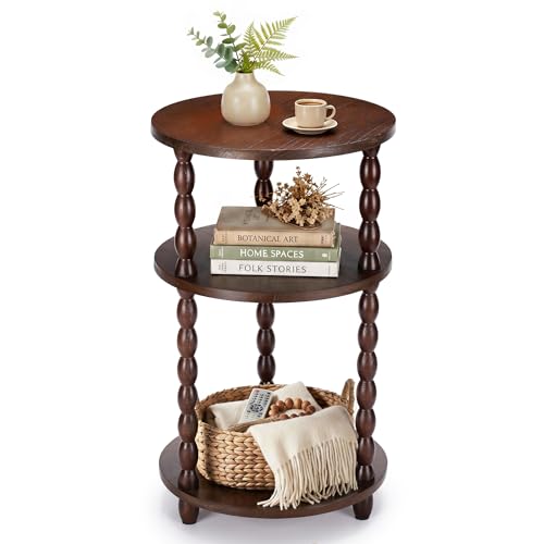 Small Round Side Table, 3-Tier Solid Wood End Table with Storage Shelf, Modern Bedside Tables Night Stand for Living Room, Bedroom, College Dorm, Small Space (Rustic Brown)