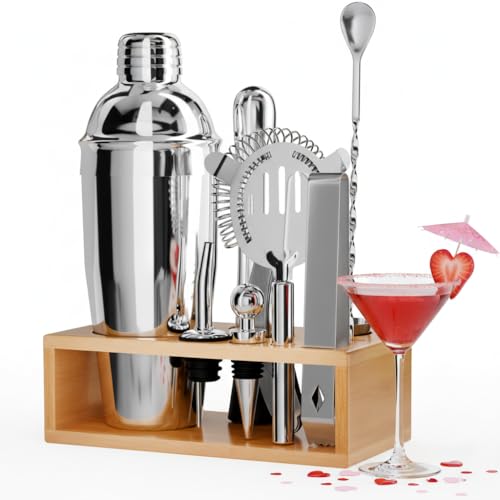 Mixology Bartender Kit with Stand – Stainless Steel Mixed Drink Shaker Set with 10 Accessories, Easy to Clean Bar Tool Set | Wooden Organizer for Home Bar Setup, Great Gift for Cocktail Enthusiasts