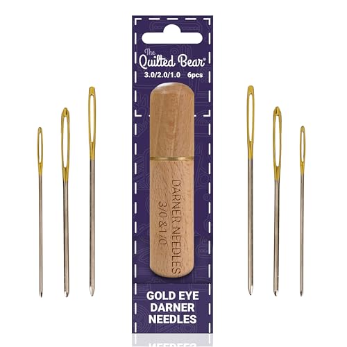 The Quilted Bear Gold Eye Darning Needles 3/2/1-6 Large Eye Darning Needles for Wool in a Premium Engraved Wooden Case Hand Sewing Needles for Knitting & Crochet Yarn (Sizes 3/2/1)