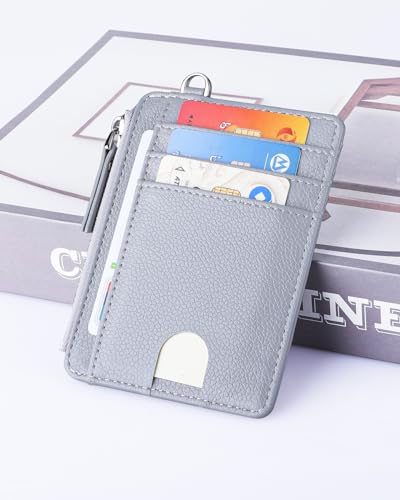 Image of Teskyer Slim RFID Wallet for Women, Small Card Holder with Zip Pocket, Grey, 3.5 inch x 4.7 inch, Minimalist | Zip Pocket for Cash Coin, 1 ID Window & 7 Card Slots, Ultra Slim Design, D-Ring for Neck Lanyard, for Daily Carry and Travel