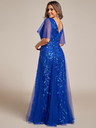 Image of Ever-Pretty Women's Sequin V Neck Plus Size Formal Dresses Evening Gown | Short Sleeve, A-Line, Empire Waist, Plus Size Mother of the Bride Dresses, Plus Size Gala Dress