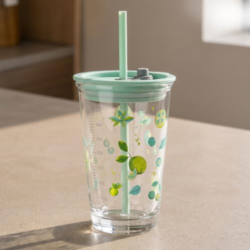 Image of Allo Reusable Glass Mug Sipper Tumbler with Straw, Unique 2 in 1 ANTI Spill Lid | Microwave Safe Leakproof Glass with Anti-Slip Grip for Hot & Cold Coffee| Car, Office, Travel use | 450ml (Green Pear)