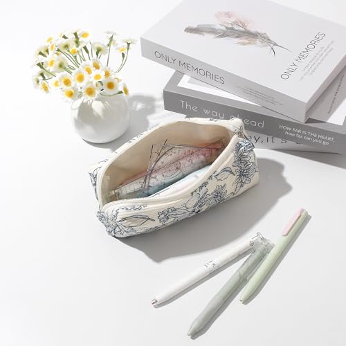 Image of Pencil Case Lightweight Aesthetic Pen Case Office College School Storage Bag Pouch Holder Box Organizer Makeup Pouch Cosmetic Bag for Girls Boys Kids (Flowers-Navy blue)
