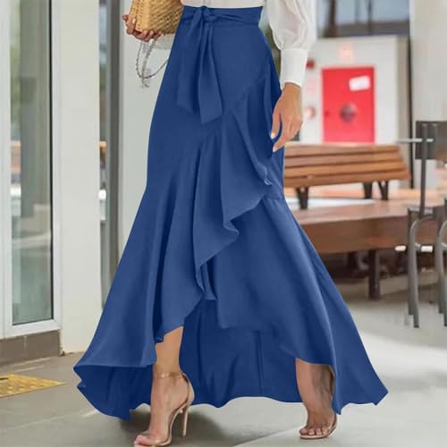Womens Maxi High Waisted Skirt Dressy Elegant Belted Flowy A-Line Front Split Ruffle Hem Beach Party Long Skirts2