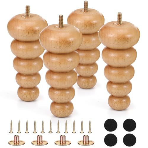 Fiwochic 6 Inch Wood Furniture Legs Set of 4 Rubber Wood Couch Legs Round Furniture Replacement Mid Century Bun Feet for Desk Dresser Sofa Cabinet Ottoman Chair and Bed(Natural)