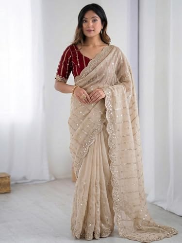 Image of SIRIL Women's Shimmer Georgette Scalloped Border Sequins Embroidery Saree with Unstitched Blouse Piece