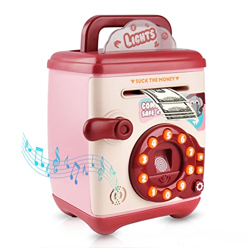 Pink Piggy Bank for Kids Girls, Electronic Money Bank Mini ATM Toy, Real Money Saving Box with Fingerprint Password, Auto Scroll Paper Money Coin Savings Bank, Safe Cash Can Xmas New Year Gift