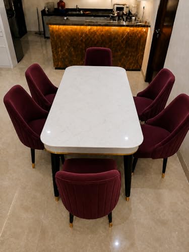 Image of WOODEN SPACE 6-Seater Wooden Dining Table Set | Nano Composite Marble Top | Solid Wood Base | Modern Dining Room Furniture with 6 Chairs (Maroon Infinity Backline)