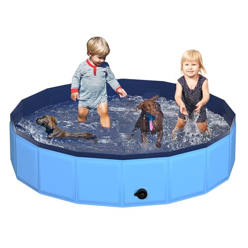 Image of CACSPS 79 inch x 12 inch Foldable Dog Pool - Collapsible Hard Plastic Kiddie Pool for Dogs & Kids, Non-Slip Pet Bath Tub for Outdoor Backyard Use, Lightweight & Portable (Blue)