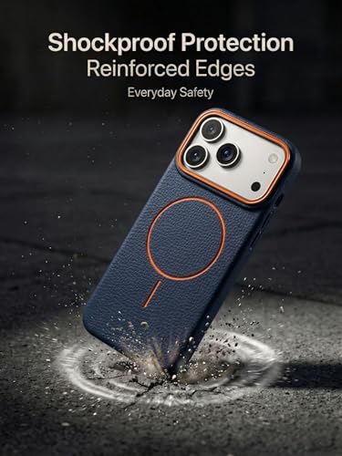 Image of amazon basics Luxury MagSafe Compatible Leather Texture Back Cover for iPhone 17 Pro Max | Raised Camera Protection | Slim Fit Shockproof Case with Metallic Accents (Dark Blue)
