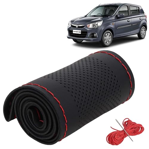 Image of KINGSWAY PU Leatherite Car Steering Cover Sewable Compatible with Maruti Suzuki Alto K10 (Year 2014-2022), Black Color with Red Thread, Pack of 1 with Sewing Needle and Thread