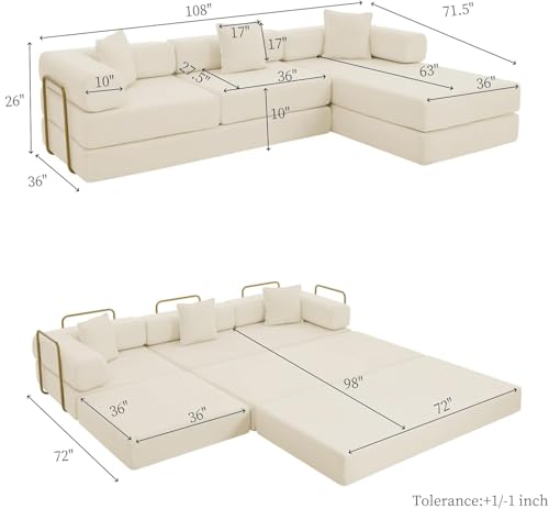 Image of HANXIN 108 inch Modular Sectional Sofa, Futon Convertible Sofa Bed,Oversized Corduroy Boneless Couch for Living Room,Floor Loveseat Sleeper with Pull Out Bed,Free Combination,No Assembly Required (Beige)
