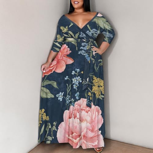 Image of SUZONANA Women's Plus Size Maxi Dresses Casual Loose Short Sleeve Long Maxi Dress with Belt Wedding