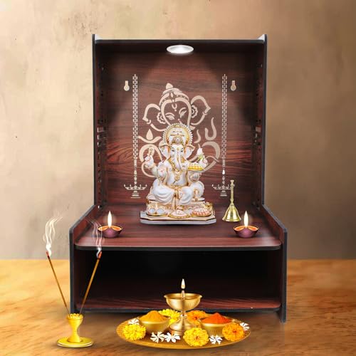 Image of Olive Tree Ethnic Wooden Pooja Mandir for Home Handcrafted Puja Stand | Wall Mounted with LED Spot Light | Mandapam, Pooja Ghar, Temple Office Decor - Walnut Size 12X12X16 Inch 1004