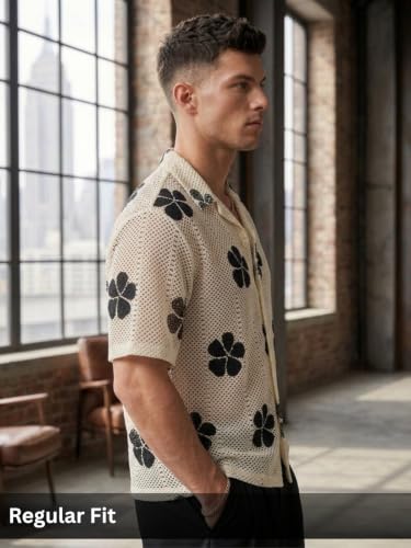 Image of GRECIILOOKS Men`s Shirt | Mens Casual Crochet Knitted | Half Sleeve Printed Crochet with Cuban Collar Shirt`s | Relaxed fit Down Shoulder Textured & Stylish Premium Mens Shirt