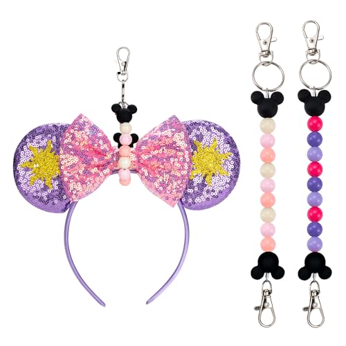 Eybila 2Pcs Mouse Ear Holder for Backpack Beaded Lanyard Keychain Park Trip Essentials Headband Hanging Accessories Display Decor Pink Purple