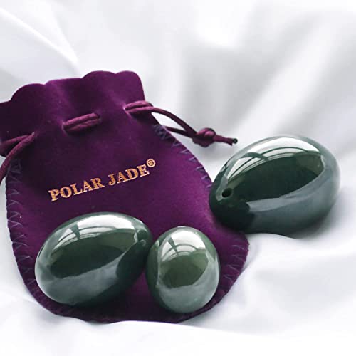 Nephrite Jade Stone Eggs 3-Piece Set Large Medium & Small | Side-Drilled Smooth Hand-Polished Natural Stone with String Cleaning Brush Instructions & Certificates | Polar Jade