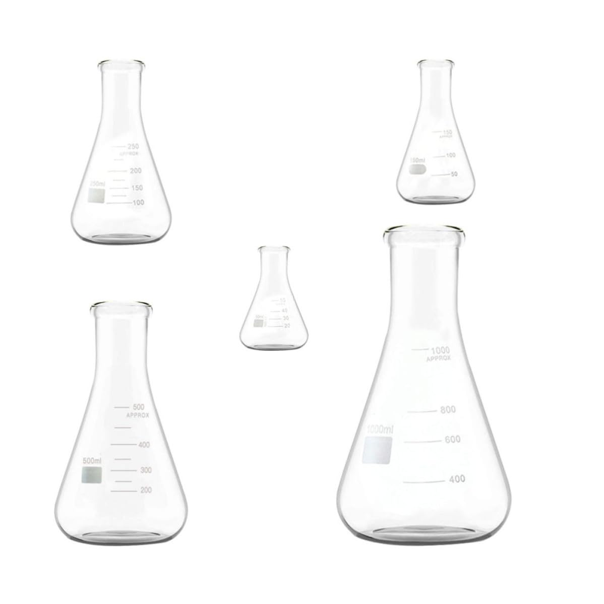 Beuta Erlenmeyer in Vetro Borosilicato a Collo Largo 5 Pezzi | Scientifica Boccetta di Vetro, 50ml 150ml 250ml 500ml 1000ml, Fondo Piatto Graduazioni Standard