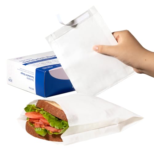 Fit Meal Prep 200 Pack Paper Sandwich Bags Sealable 7 x 6”, White Greaseproof Snack Bag, Food Grade Pastry Bag, Recyclable Small Paper Bags, Cookie Sleeves, Food Packaging for Bakery, Donut