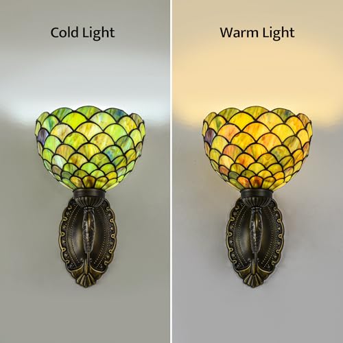 Image of Green Fish Scales Tiffany Wall Sconce 8 inch Stained Glass Wall Light with E26 Base Vintage Art Deco Wall Lamp for Bedroom Hallway Living Room Home Office
