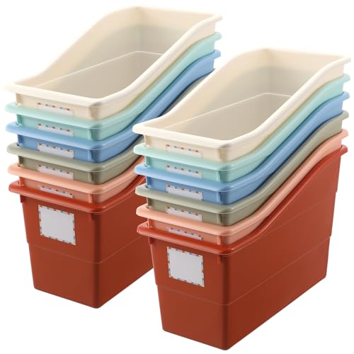 Suzile 12 Pcs Book Storage Bins with Labels Plastic Boho Folder Magazine File Holder Interlocking for Office Classroom Home book Organizer Container (Classic Colors)
