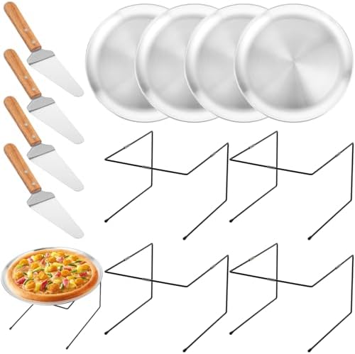 12 Pcs Pizza Pan Riser Stands Sets Includes 4 Metal Pizza Table Stands 4 Pizza Pan and 4 Wood Handle Pie Server, Pizza Rack Stand Pizza Tray for Pizza Dessert Cheese (Silver)