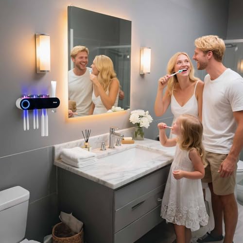 Image of iHave Wall Mounted Electric Toothbrush Holders with 3 Cups, UV Sanitizer, Toothpaste Dispenser, Smart Home Bathroom Accessories & Decor, Black