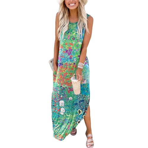 Image of FANDEE Women's Casual Summer Loose Sunresses Long Dresses Sleeveless Split Maxi Beach Dress with Pockets