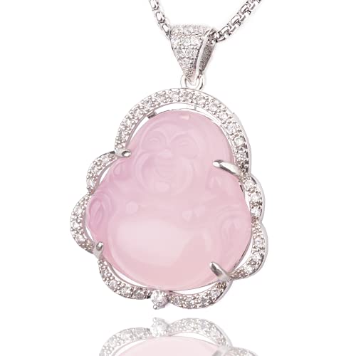 Cute Smiling Buddha Necklace Pink Jade Iced Out Silver Buddha Pendant wtih 361L Stainless Steel Chain Lucky Buddah Neckless Amulet Jewelry for Women