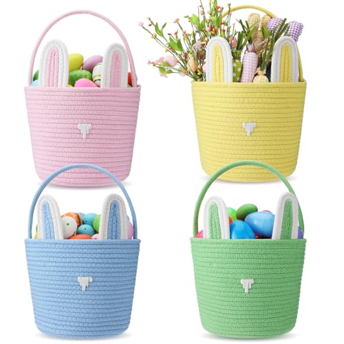 Image of Suzile 4 Pcs Easter Basket with Bunny Ears for Kids Cotton Woven Easter Egg Hunting Rabbit Shape Basket for Children Kids Babies Party Gifts, 9.8 x 7.8 x 7.8