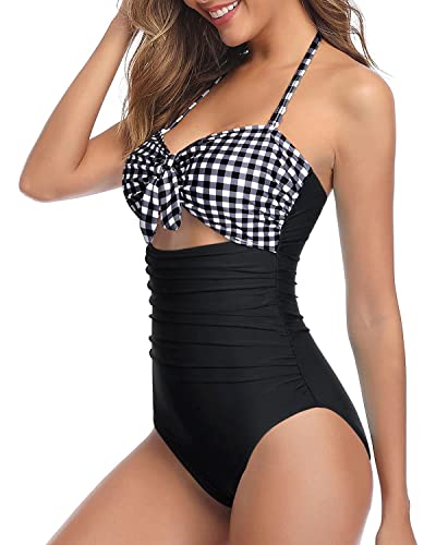 Image of Tempt Me Women Sexy Cutout One Piece Swimsuits Tummy Control High Waisted Halter Front Tie Knot Bathing Suit