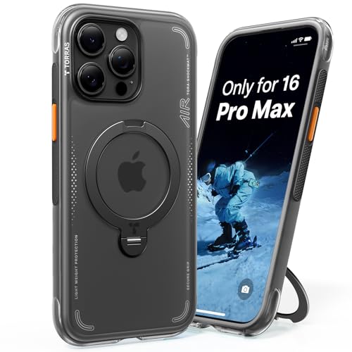 TORRAS Ostand Q3 Air für iPhone 15 Pro Max Hülle mit echtem Airbags Doppelter Schutz (360 Magnetischer Robust Ständer) Matt Handyhülle mit Kamerasteuerung Taste Schwarz